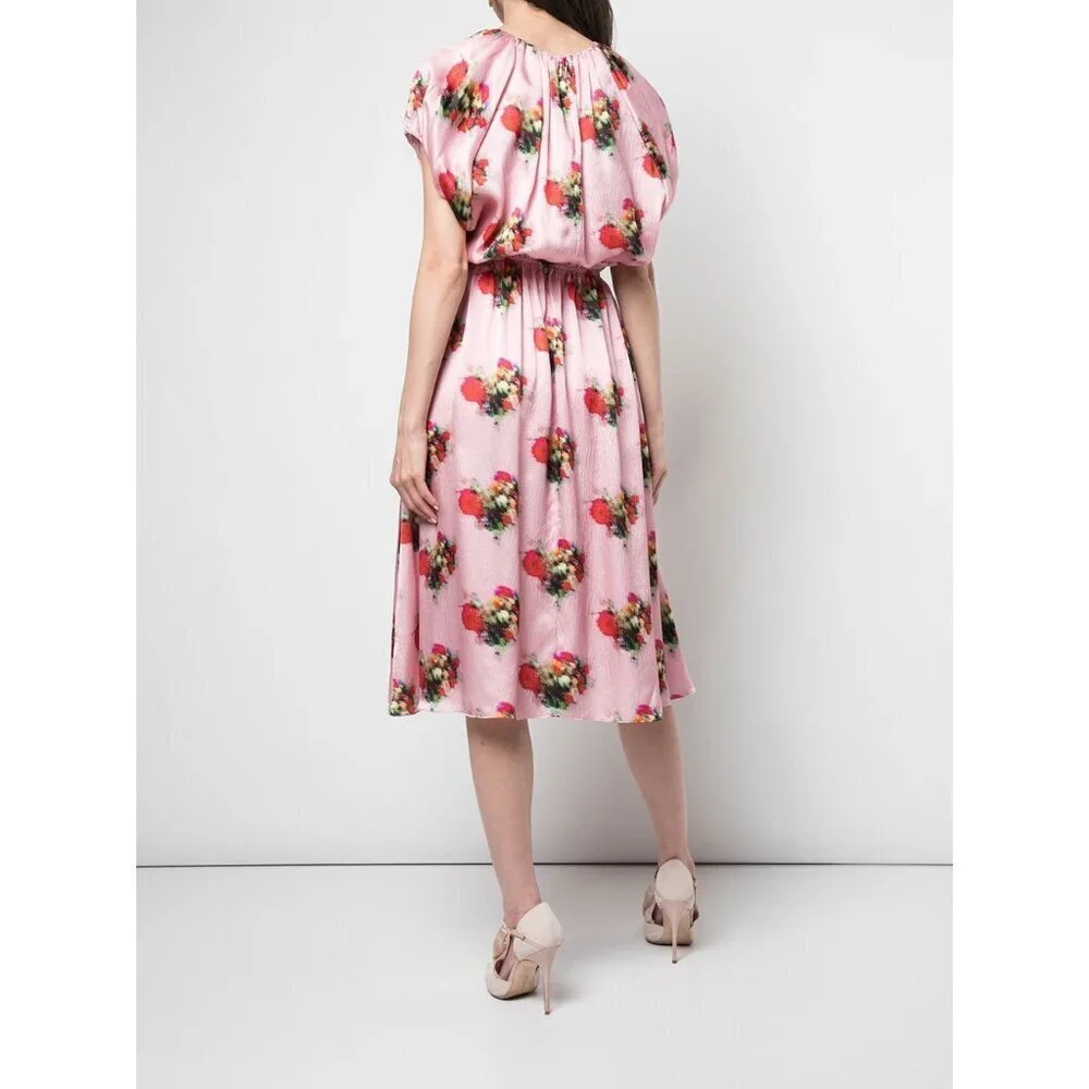 Adam Lippes Ruffle Floral Dress Pink Silk Midi - Picture 4 of 15